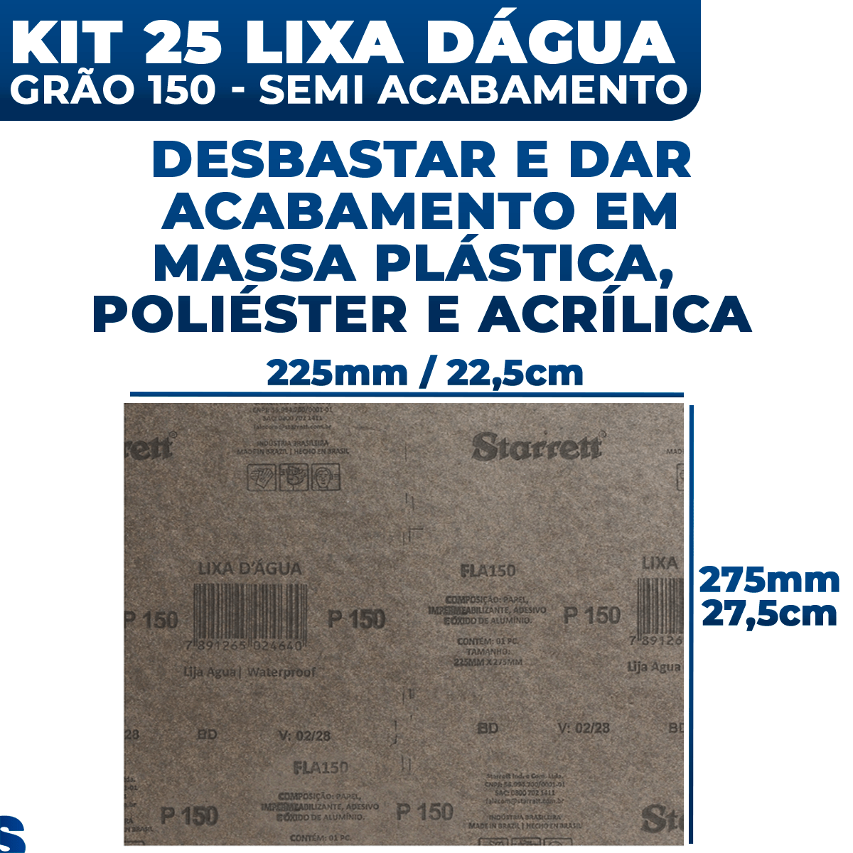 Kit 25 Folha Lixa D'água Grão 150 Pintura Massa Plástica Acrílica ...