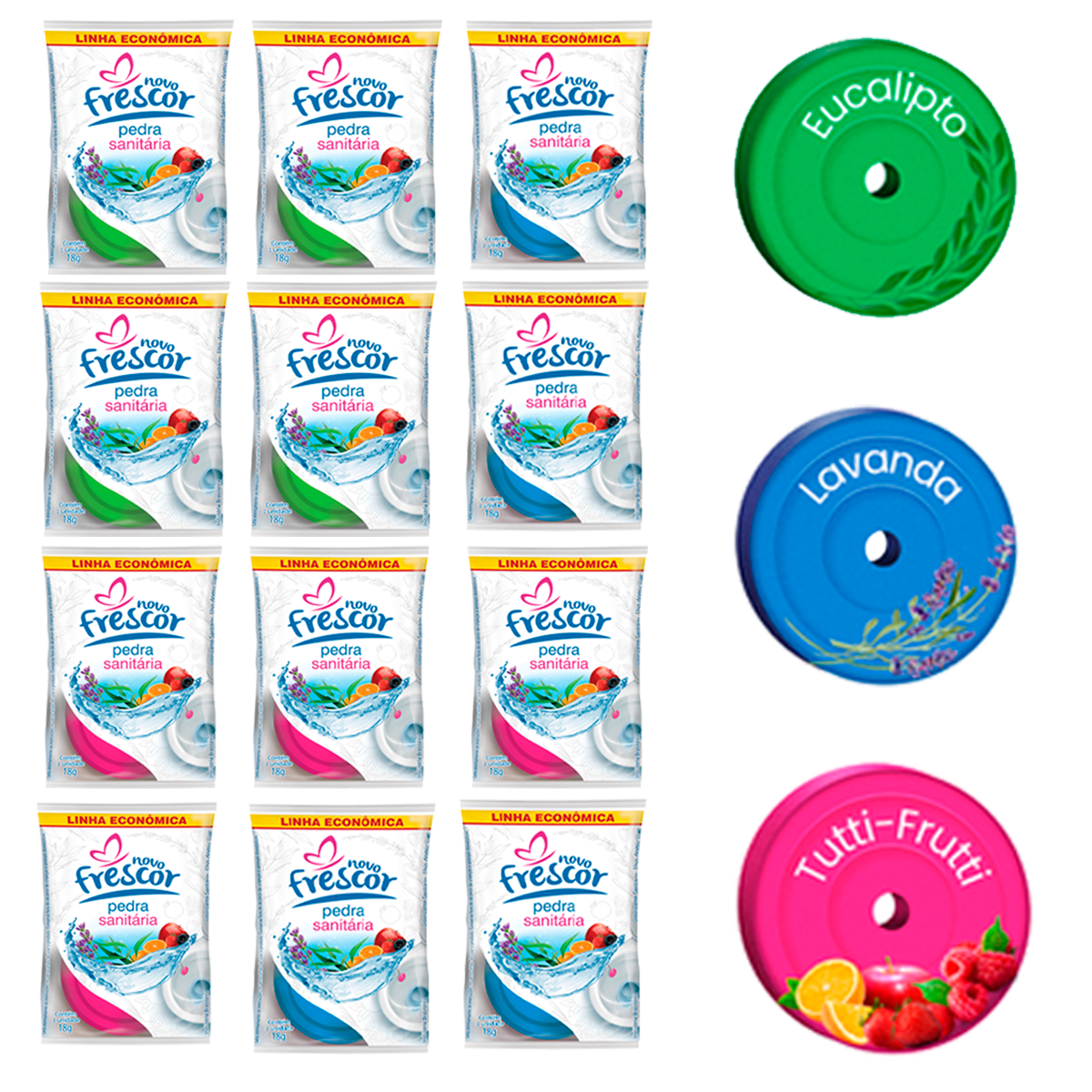 Cartela Kit 12un Pedra Sanitária Odorizante Vaso Sanitário 18g Lavanda Eucalipto Tutti-Frutti