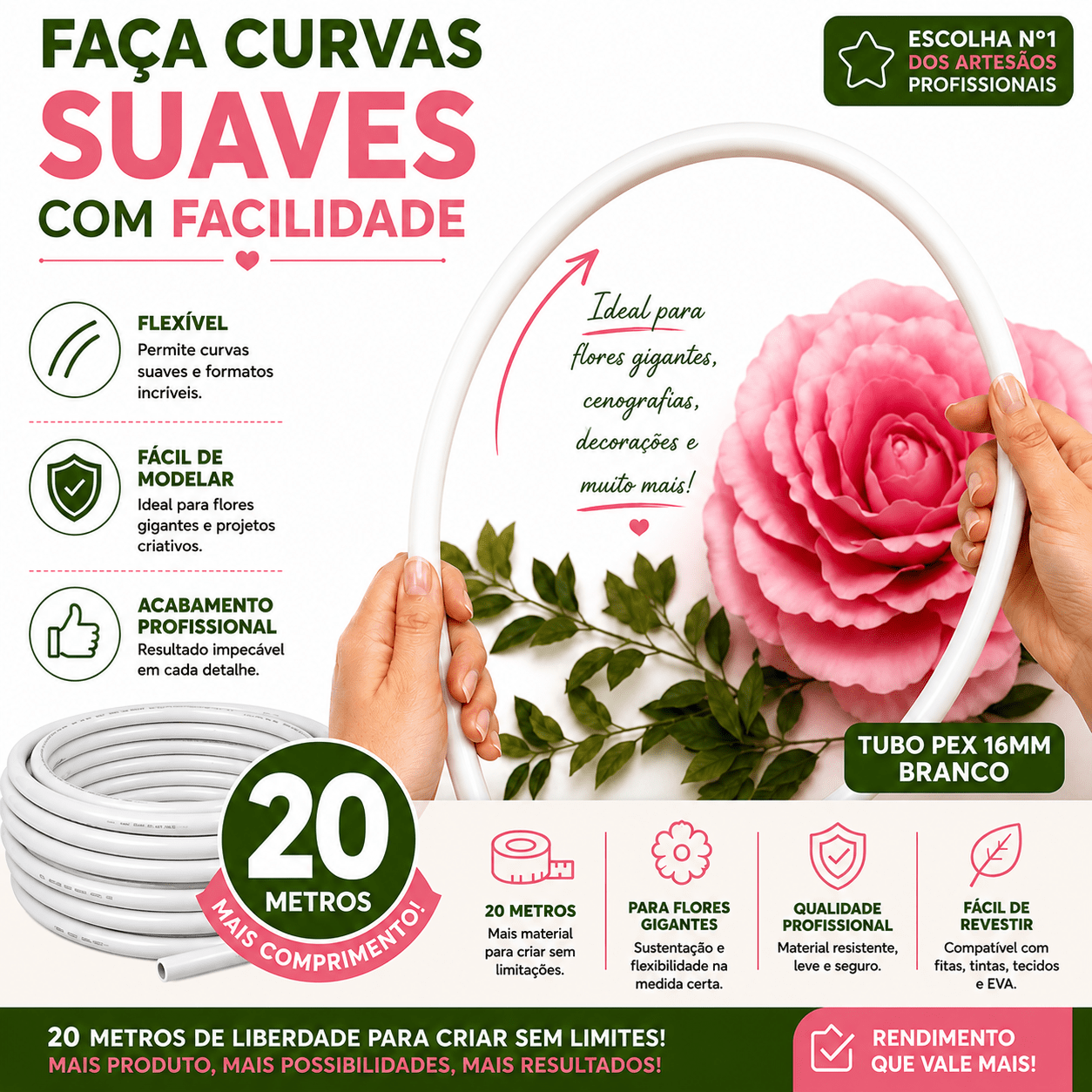 Tubo PEX Moldável 16mm Branco - 20 Metros | Caule para Flor Gigante