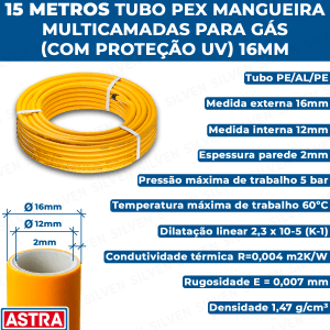Kit 15 Metros Tubo Pex Multicamadas 16mm P/ Gás Mangueira
