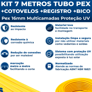 Kit 7 Metros Tubo Pex 16mm P/ Gás + Cotovelos + Registro + Adaptador Tubulação GLP GN Residencial ASTRA