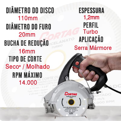 Kit com 2 Discos de Corte Diamantados Cortag para Porcelanato e Cerâmica Turbo 110mm x 20mm