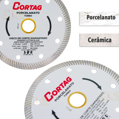 Kit com 2 Discos de Corte Diamantados Cortag para Porcelanato e Cerâmica Turbo 110mm x 20mm