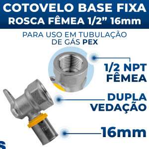 Cotovelo 16mm Base Fixa P/ Tubo Pex Gás Rosca 1/2 Fêmea 