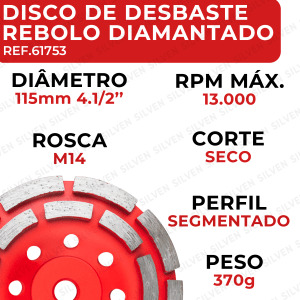 Rebolo Diamantado de Desbaste para Concreto Segmentado para Esmerilhadeira Lixadeira 115mm Cortag.