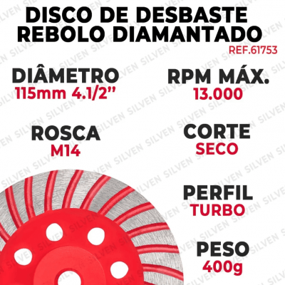 Disco de Desbaste para Concreto Diamantado para Esmerilhadeira Lixadeira 115mm Cortag