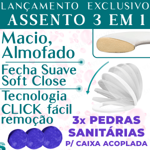 Tampa Assento Sanitário Almofadado Oval Removivel Fecha Suave com Amortecedor branco Universal + Bloco Pedra Aromatizador Sanitario para Caixa Acoplada