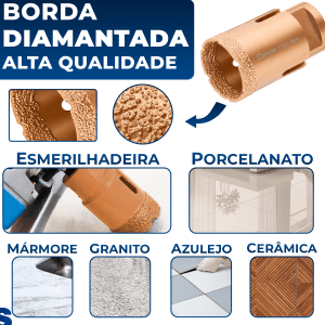 Serra Copo Diamantada 22mm Para Esmerilhadeira M14 Cortag Porcelanato Cerâmica Granito Mármore