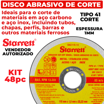 Kit 48 Discos De Corte Metal 4.1/2 X22,2mm Starret Cor Amarelo