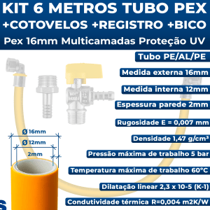 Kit 6 Metros Tubo Pex 16mm P/ Gás + Cotovelos + Registro + Adaptador Tubulação GLP GN Residencial ASTRA