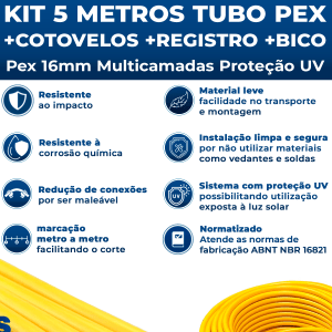 Kit 5 Metros Tubo Pex 16mm P/ Gás + Cotovelos + Registro + Adaptador Tubulação GLP GN Residencial ASTRA