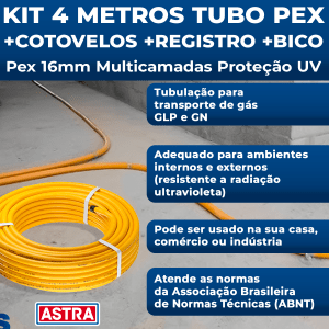 Kit 4 Metros Tubo Pex 16mm P/ Gás + Cotovelos + Registro + Adaptador Tubulação GLP GN Residencial ASTRA