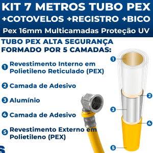 Kit 7 Metros Tubo Pex 16mm P/ Gás + Cotovelos + Registro + Adaptador Tubulação GLP GN Residencial ASTRA