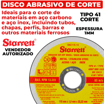 Disco De Corte Extra Fino Starrett 4.1/2 X 1mm Dac115-14 Cor Amarelo