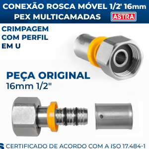 Conexão Rosca Móvel 1/2'' para Gás 16mm Pex Multicamadas Astra 