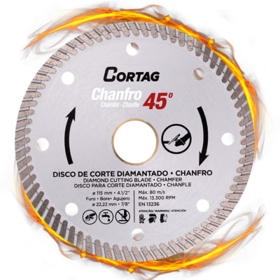 Disco de Corte Chanfro 45º Graus Diamantado 115mm Turbo Cortag para Porcelanato Cerâmica Granito Mármore Pedras decorativas 