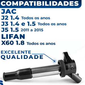 Kit 4 Bobinas de Ignição Jac J2 J3 J5 Lifan X60 2010 2011 2012 2013 2014 2015 2016