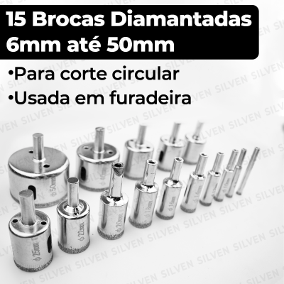 Jogo 15 Brocas Diamantadas Serra Copo Vidro Granito Ceramica Porcelanto Azulejo Espelhos