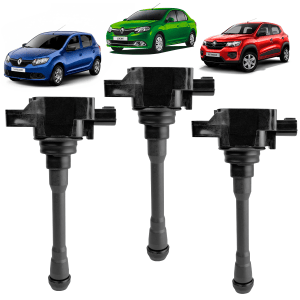 Kit 3 Bobinas de Ignição Renault Kwid Sandero Logan 1.0 3cc Flex 3 Pinos 2017 2018 2019 2020 2021