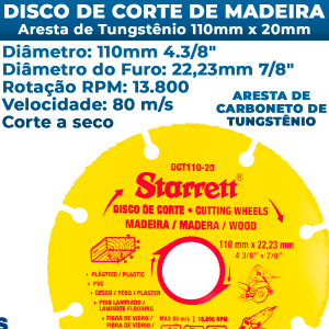 Disco De Corte em Madeira Em Tungstênio 110 x 22,23 Starrett Plástico PVC Gesso Fibra de Vidro Piso Laminado