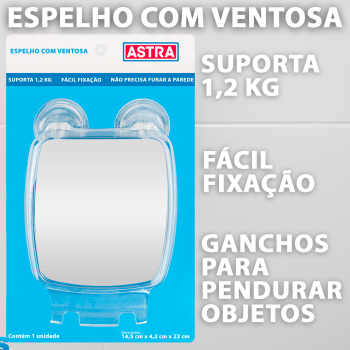 Espelho para Fazer Barba no Chuveiro Banho com Ventosa e Porta Gilete com moldura Transparente ASTRA