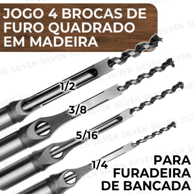 Jogo 4 Broca Furo Quadrado Em Madeira 1/4 5/16 3/8 1/2