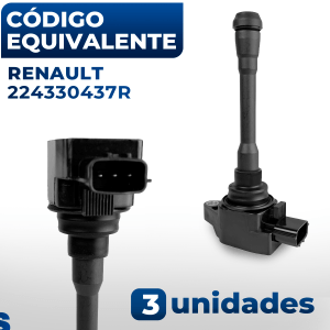 Kit 3 Bobinas de Ignição Renault Kwid Sandero Logan 1.0 3cc Flex 3 Pinos 2017 2018 2019 2020 2021