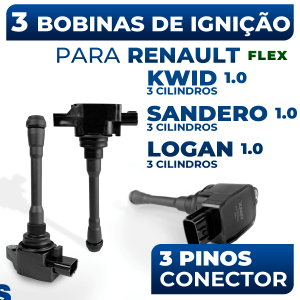 Kit 3 Bobinas de Ignição Renault Kwid Sandero Logan 1.0 3cc Flex 3 Pinos 2017 2018 2019 2020 2021