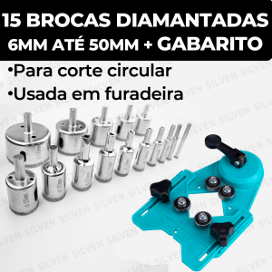 Kit 15 Brocas Serra Copo Broca Diamantada + Gabarito Guia Furação Vidro Porcelanato Cerâmica Azulejos