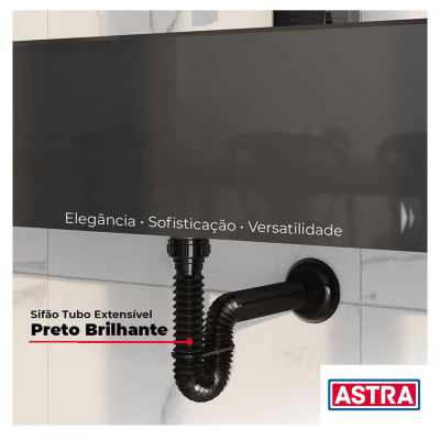 Cano Sifão Sanfonado 61cm Preto Pia Lavabo Cuba Universal Astra Água