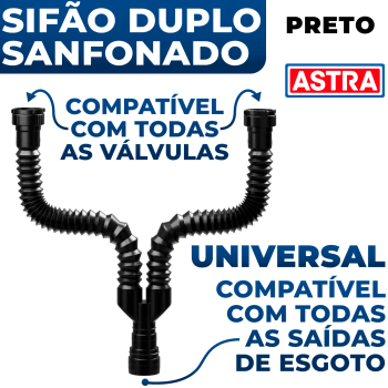 Sifão Duplo Sanfonado Universal Preto Astra Banheiro Lavatório Pia Cuba 