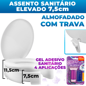 Assento Elevado Almofadado + Gel Sanitário Tampa Oval Astra Com Trava 7,5cm