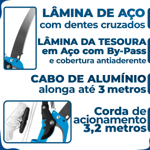 Serrote Podador Poda Galhos Altos Cabo Extensível Telescópico 3m
