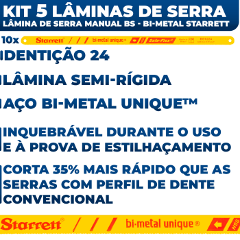 Kit 5 Lâmina de Serra Manual Starret BS1224 Safe Bi-Metal Unique