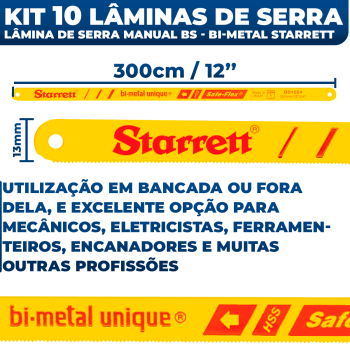 Kit 10 Lâmina de Serra Manual Starret BS1224 Safe Bi-Metal Unique 12 polegadas 300mm Metal Aço