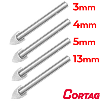 Kit Broca Para Vidro Porcelanato 3mm, 4mm, 5mm, 13mm Cortag