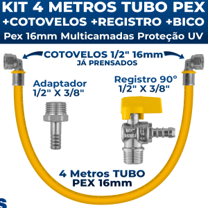 Kit 4 Metros Tubo Pex 16mm P/ Gás + Cotovelos + Registro + Adaptador Tubulação GLP GN Residencial ASTRA