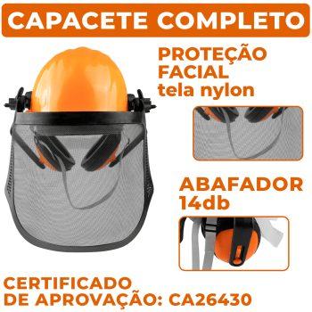 Capacete Completo Facial + Abafador 14db + Tela Nylon 7p