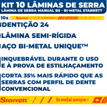 Kit 10 Lâmina de Serra Manual Starret BS1224 Safe Bi-Metal Unique 12 polegadas 300mm Metal Aço