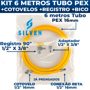 Kit 6 Metros Tubo Pex 16mm Gás Cotovelo Reto e Curvo + Registro + Adaptador