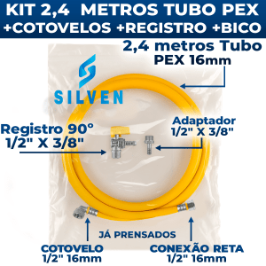 Kit 2,40 Metros Tubo Pex 16mm Multicamada Para Gás + Cotovelo Reto e Curvo + Registro Angular + Bico Espigão Adaptador