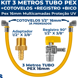 Kit 3 Metros Tubo Pex 16mm Multicamada Para Gás + Cotovelos + Registro Angular + Bico Espigão Adaptador